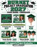 Burnet Project Graduation 2027 packages with rectangular photo frames and student name strips on personalized yard signs. Illustrative samples.